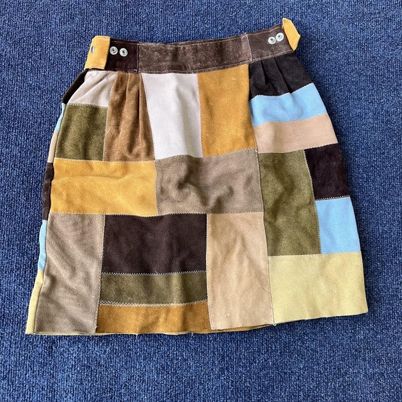 Vintage Patchwork Suede Skirt Womens Medium Multicolor A-Line Bohemian Pockets - Picture 2 of 7